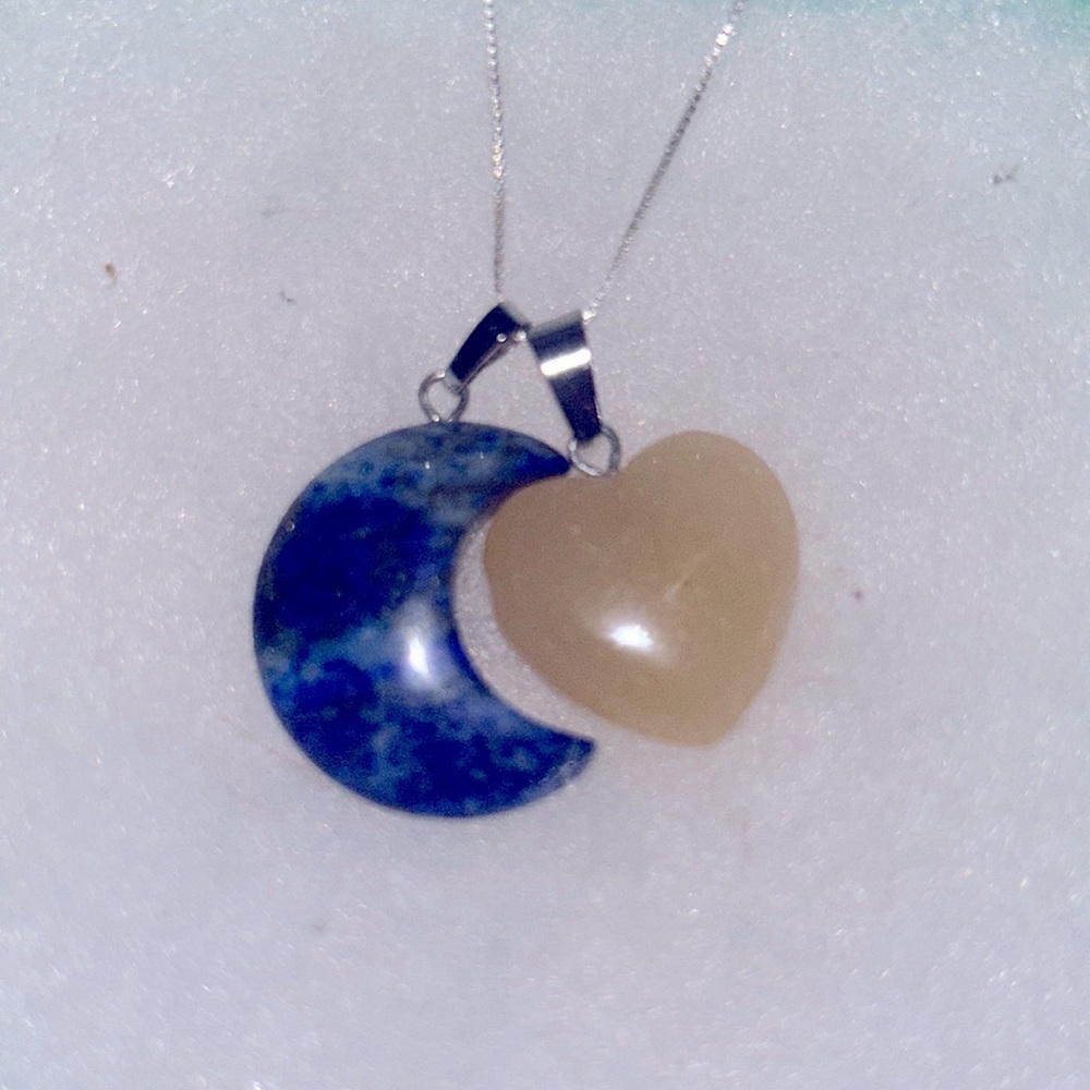 Boho hippie Blue Lapis Lazuli Moon 🌙 and Citrine Heart Sterling Silver Ne…